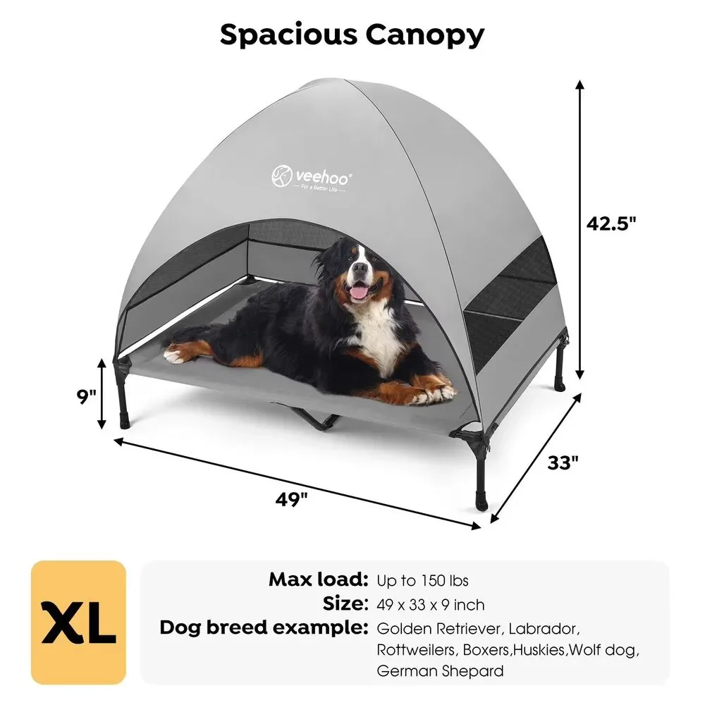 Cooling Elevated XL Outdoor Dog Bed w Canopy Portable Shade Cot, Grey 49 x 43.5